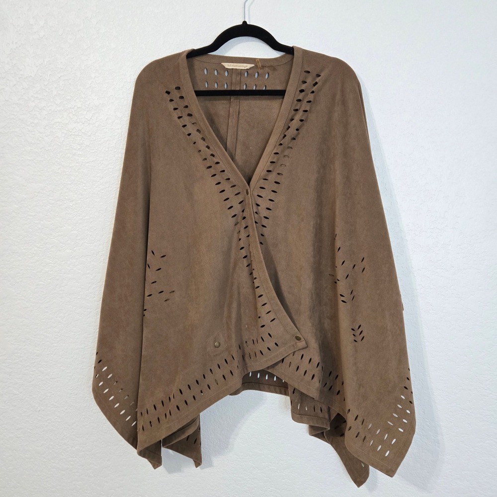 Soft Surroundings Brown Suede Laser Cut Perforated Poncho Wrap Snap Front